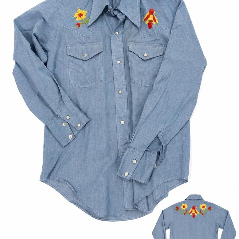 Vintage 1970s Alamo Western Pearl Snap HAND Embroider Bird Chambray Cowboy Shirt
